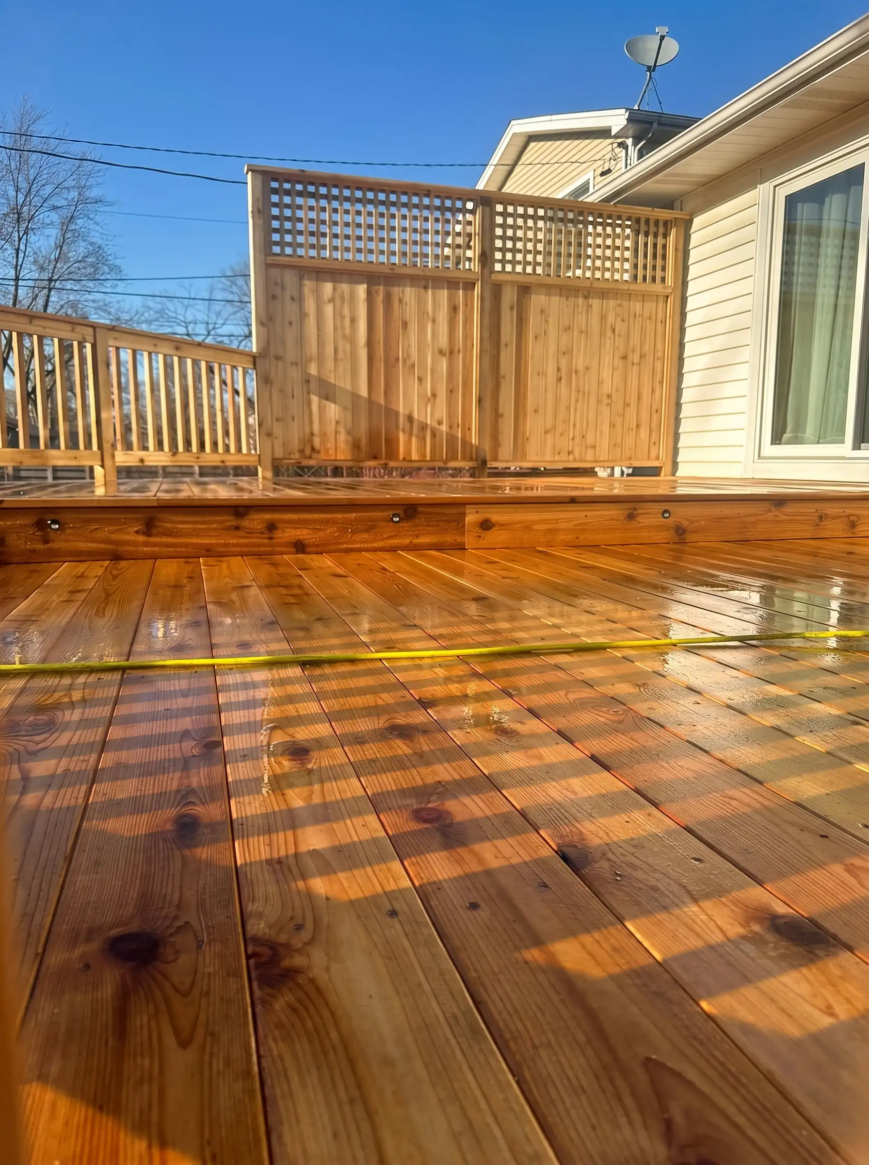 Freshly finished cedar deck boards with a warm reddish tone, still wet from a recent coat