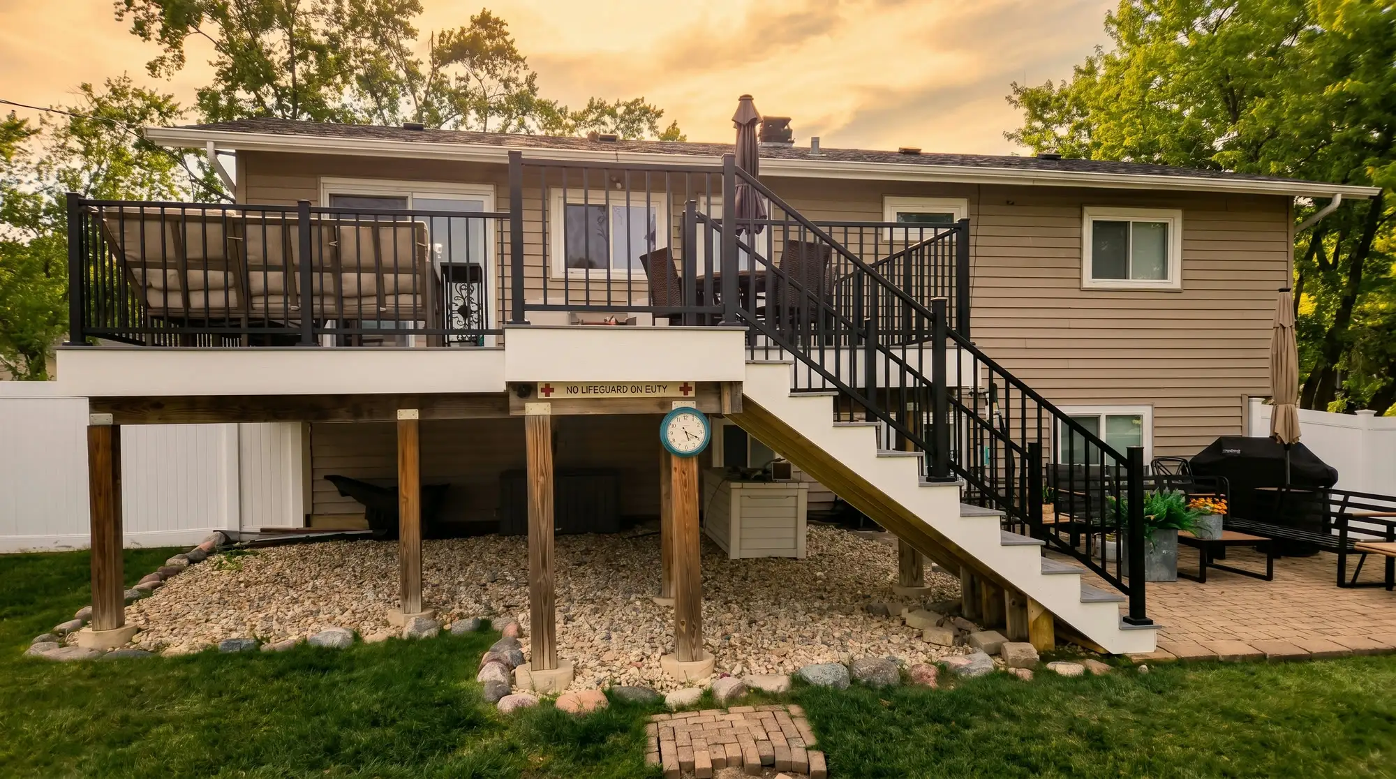 Elevated deck with dark fascia board, black aluminum railings and a full staircase at sunset