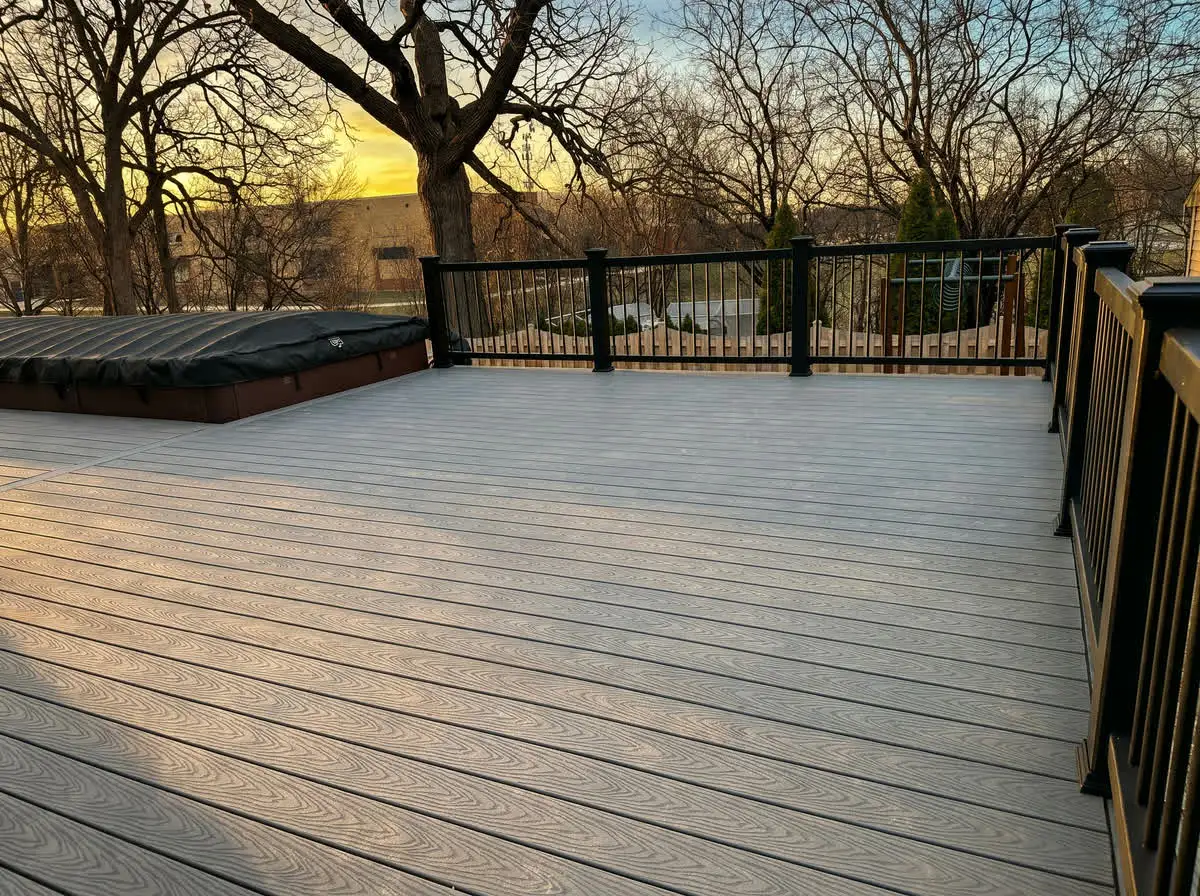 Wide grey composite deck with black aluminum railings and a covered hot tub in the corner