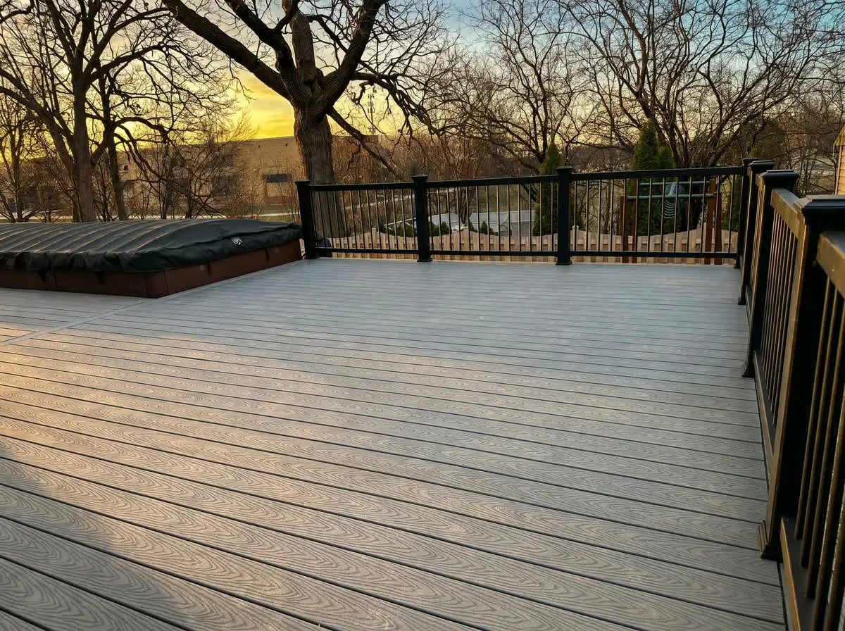 Wide grey composite deck with black aluminum railings and a covered hot tub in the corner