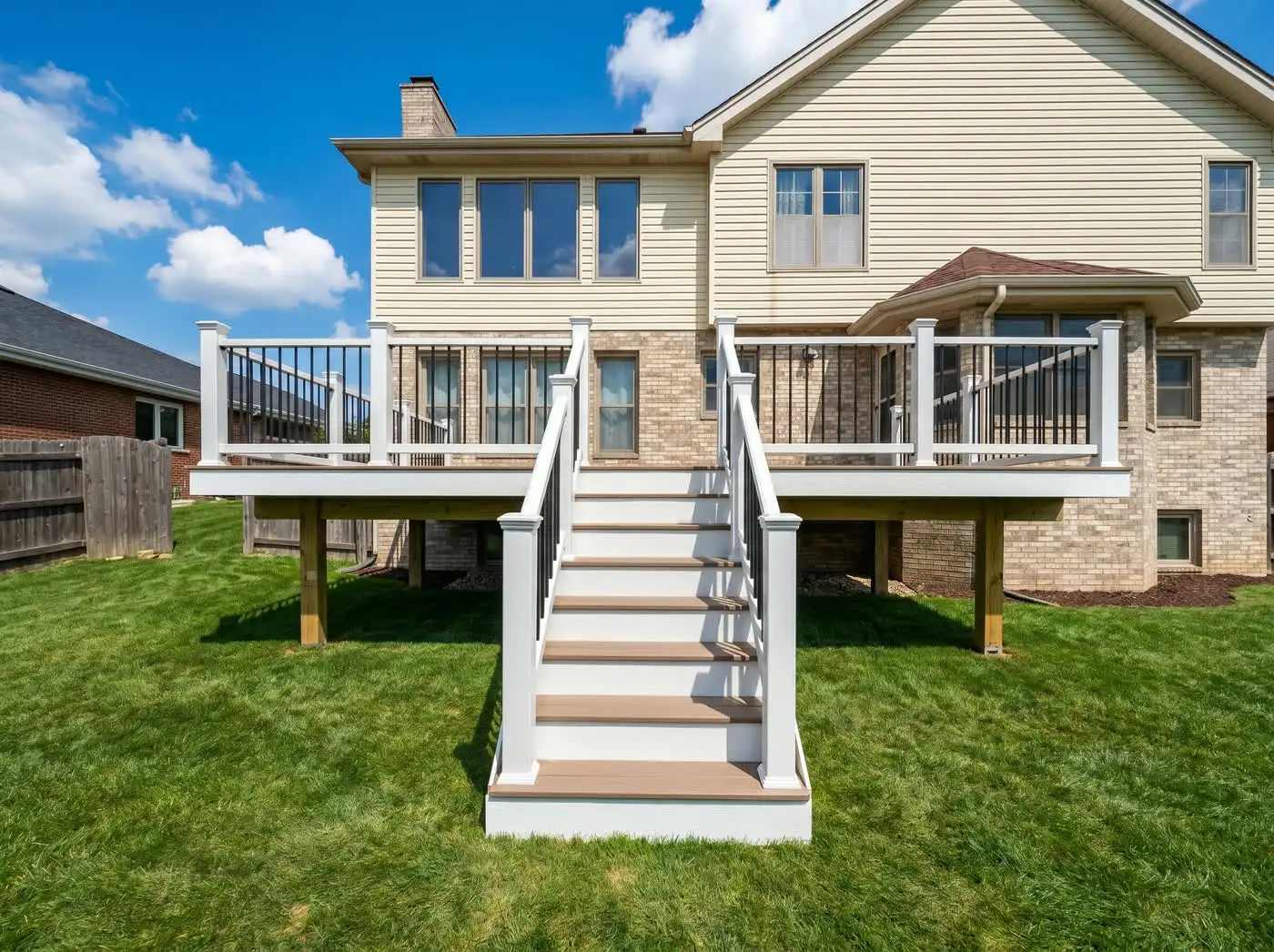 Elevated composite deck with white posts, black balusters and a wide staircase down to the lawn