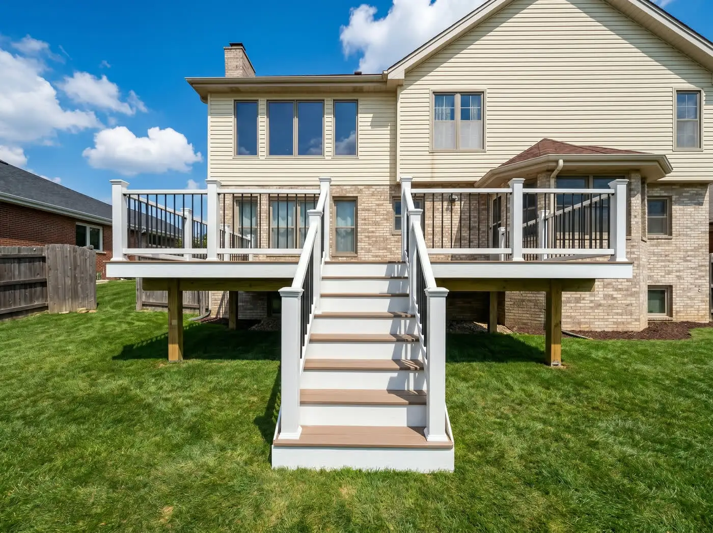 Elevated composite deck with white posts, black balusters and a wide staircase down to the lawn