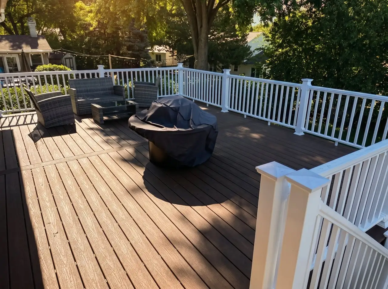 Brown composite deck with white railings, wicker seating and a firepit table