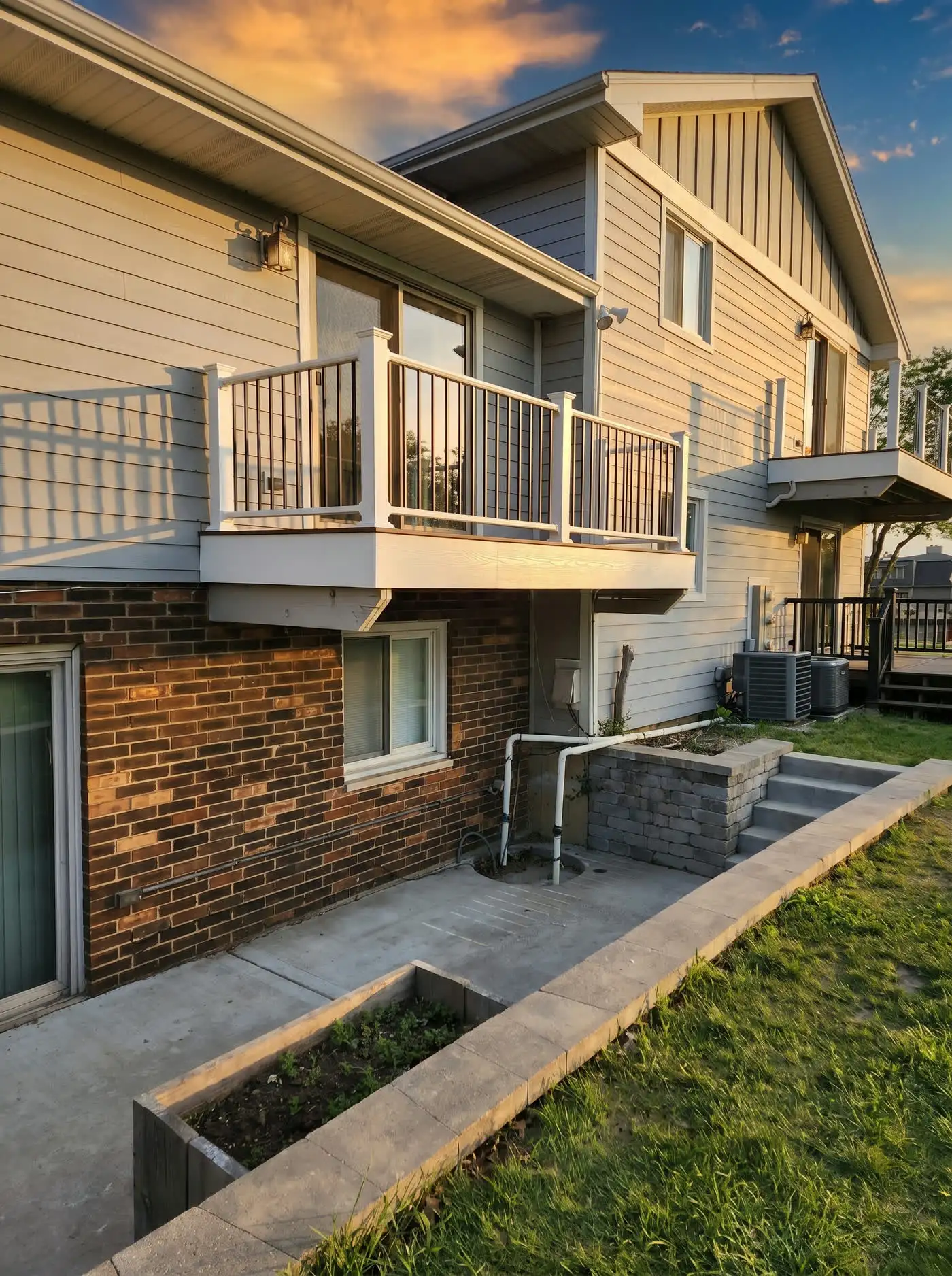 Small raised composite balcony deck with white railings on the back of a brick and siding house