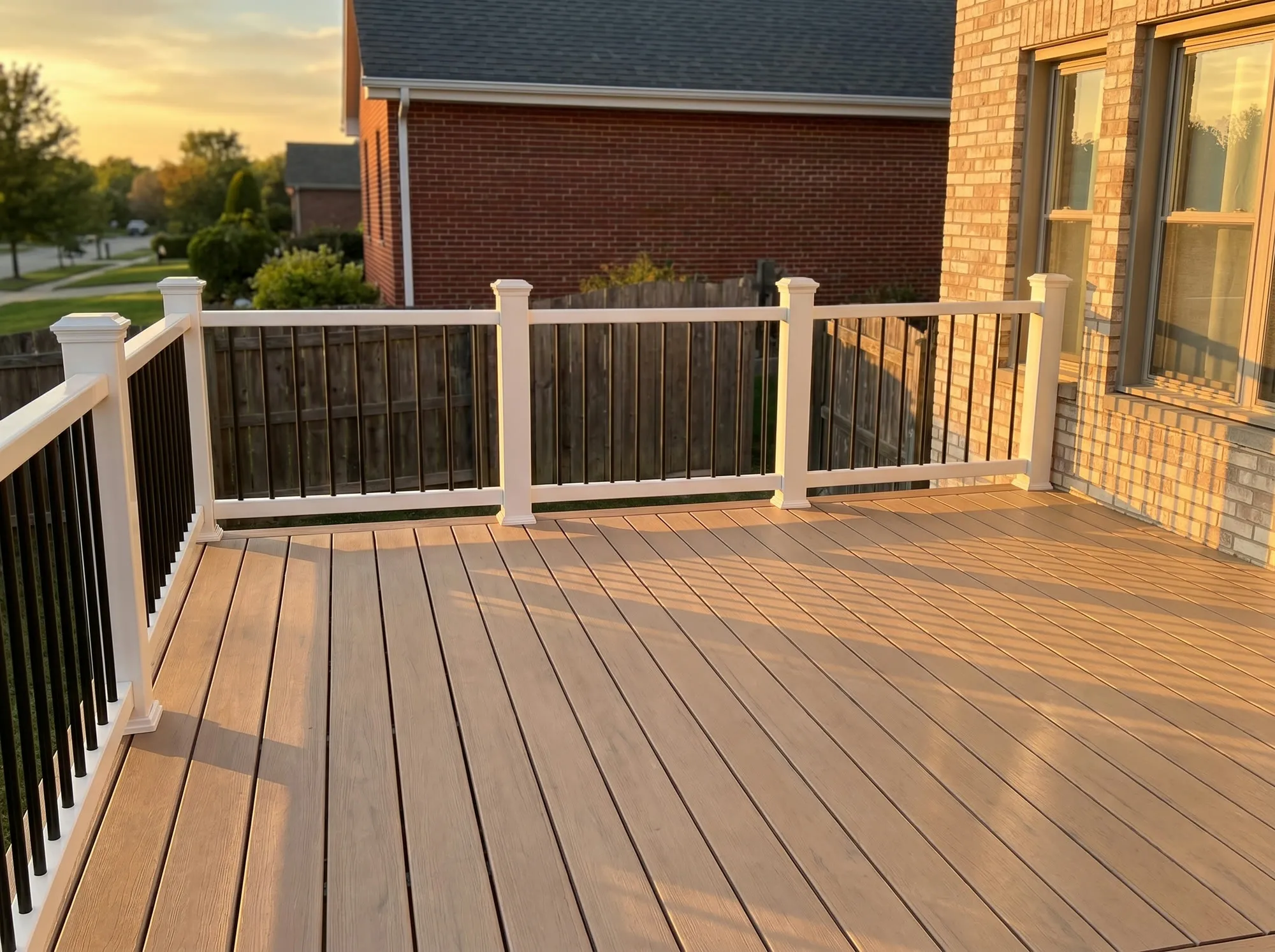 Tan composite deck boards with white posts and black balusters at golden hour
