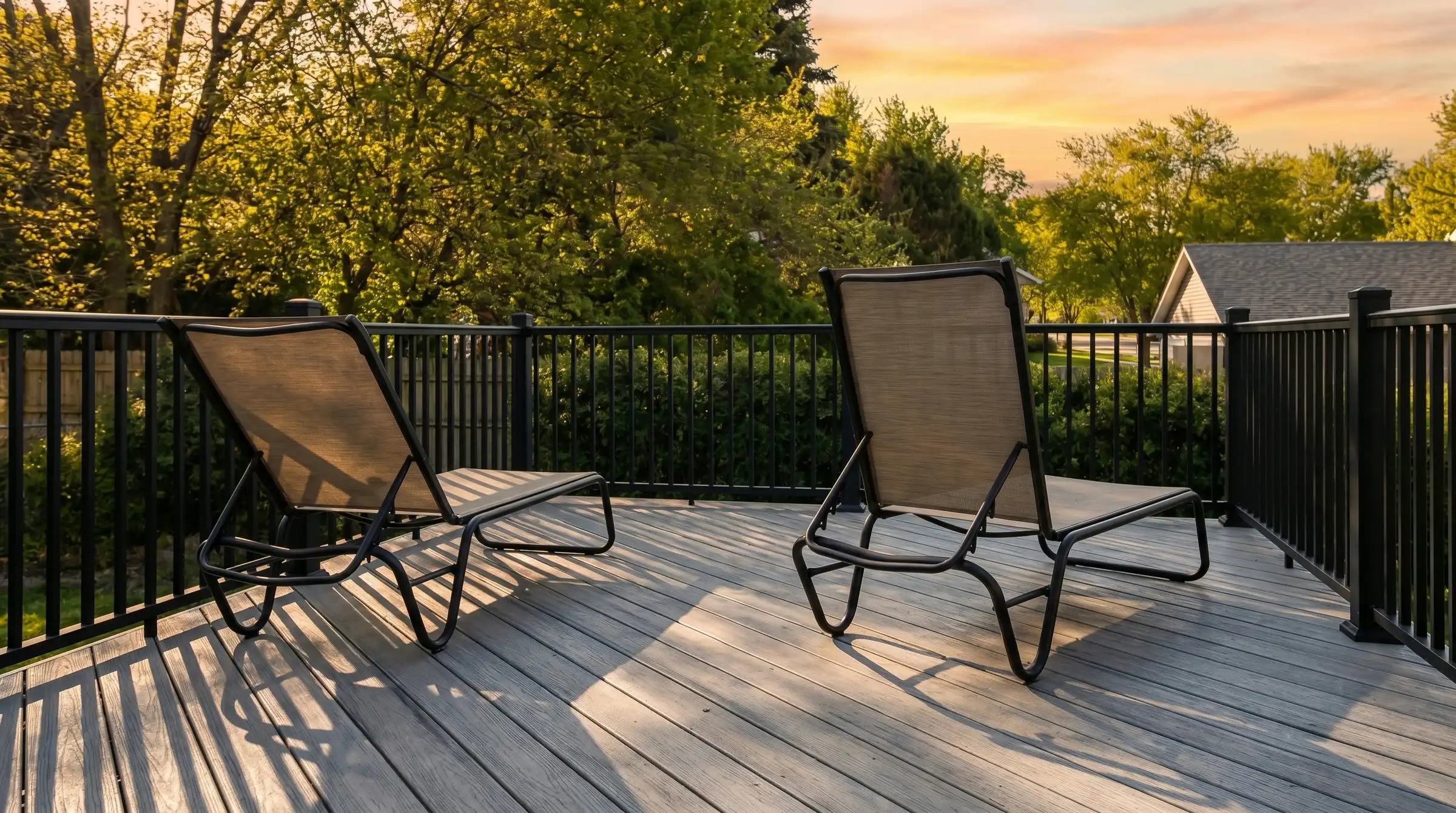Grey composite deck with black aluminum railings at sunset, two patio chairs looking out over a backyard