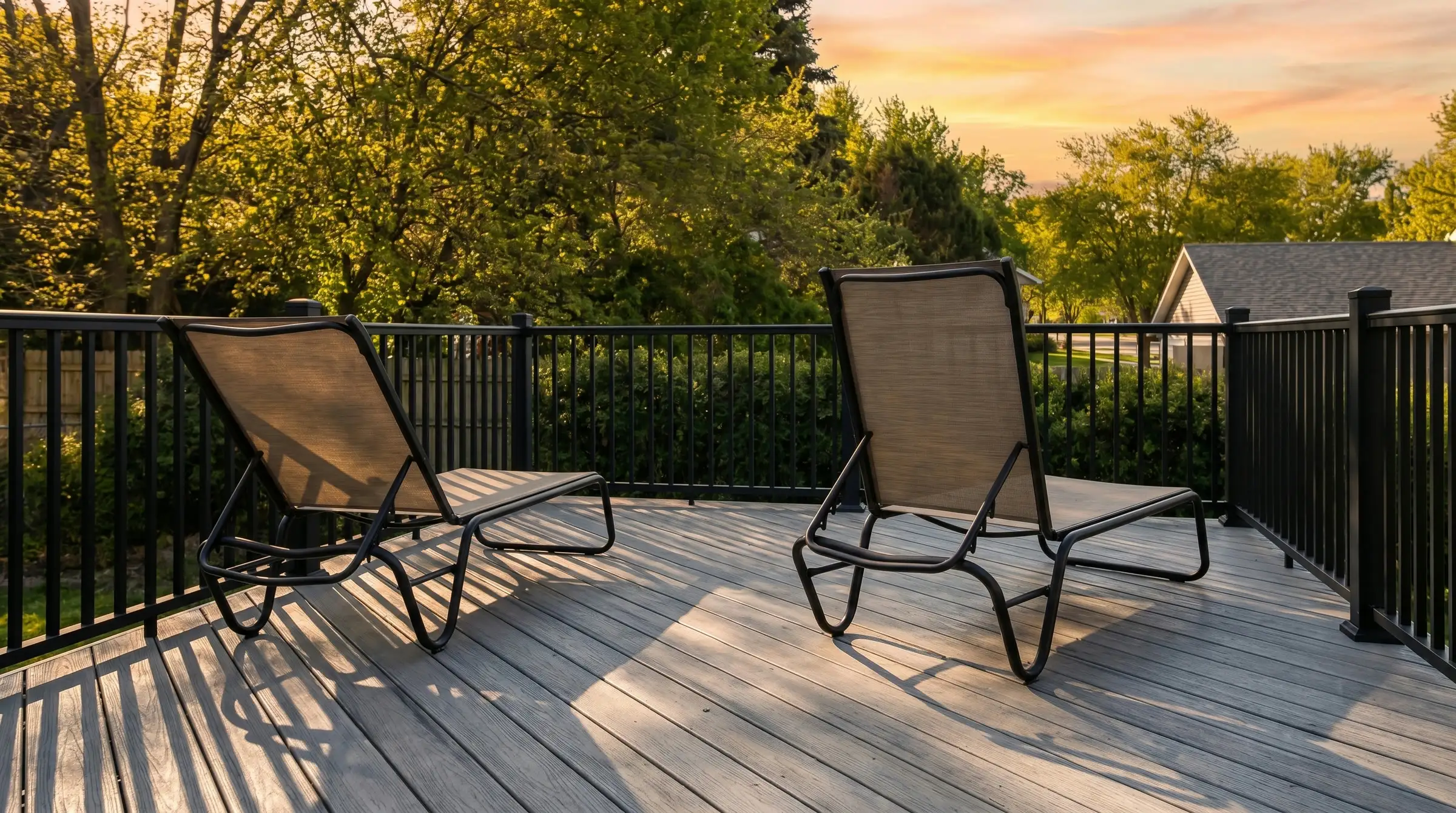 Grey composite deck with black aluminum railings at sunset, two patio chairs looking out over a backyard