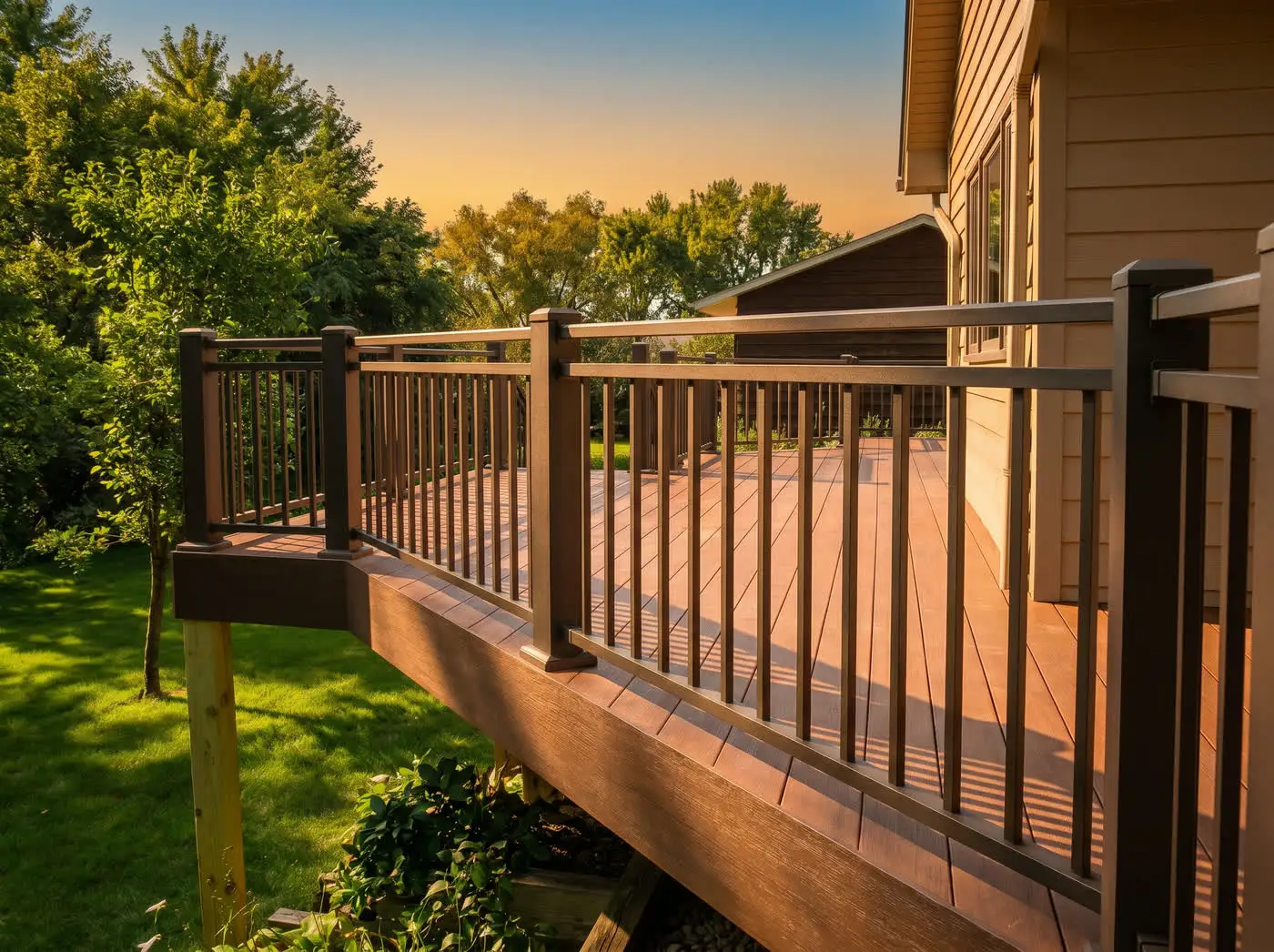 Bronze aluminum deck railing running along an elevated composite deck at sunset
